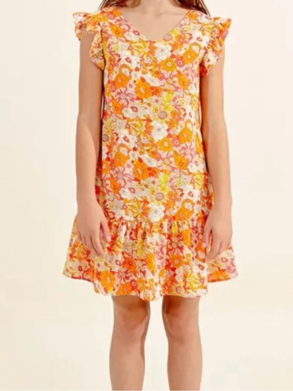 Mollie Bracken Girls Millie Floral Ruffle Sleeve Dress in Orange and Pink NWT